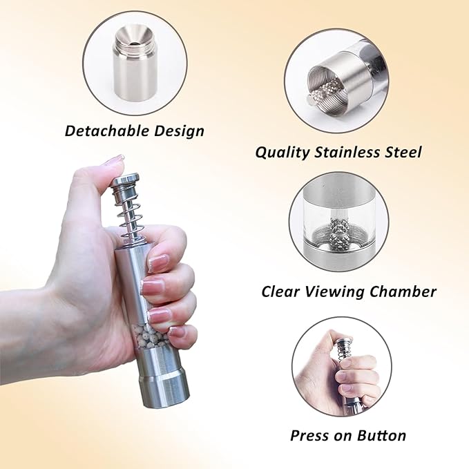 Single Stainless Steel Salt and Pepper Grinder Set, Manual Refillable Peppercorn Mills with Push Button, Thumb Grinder, Sliver White, One Piece