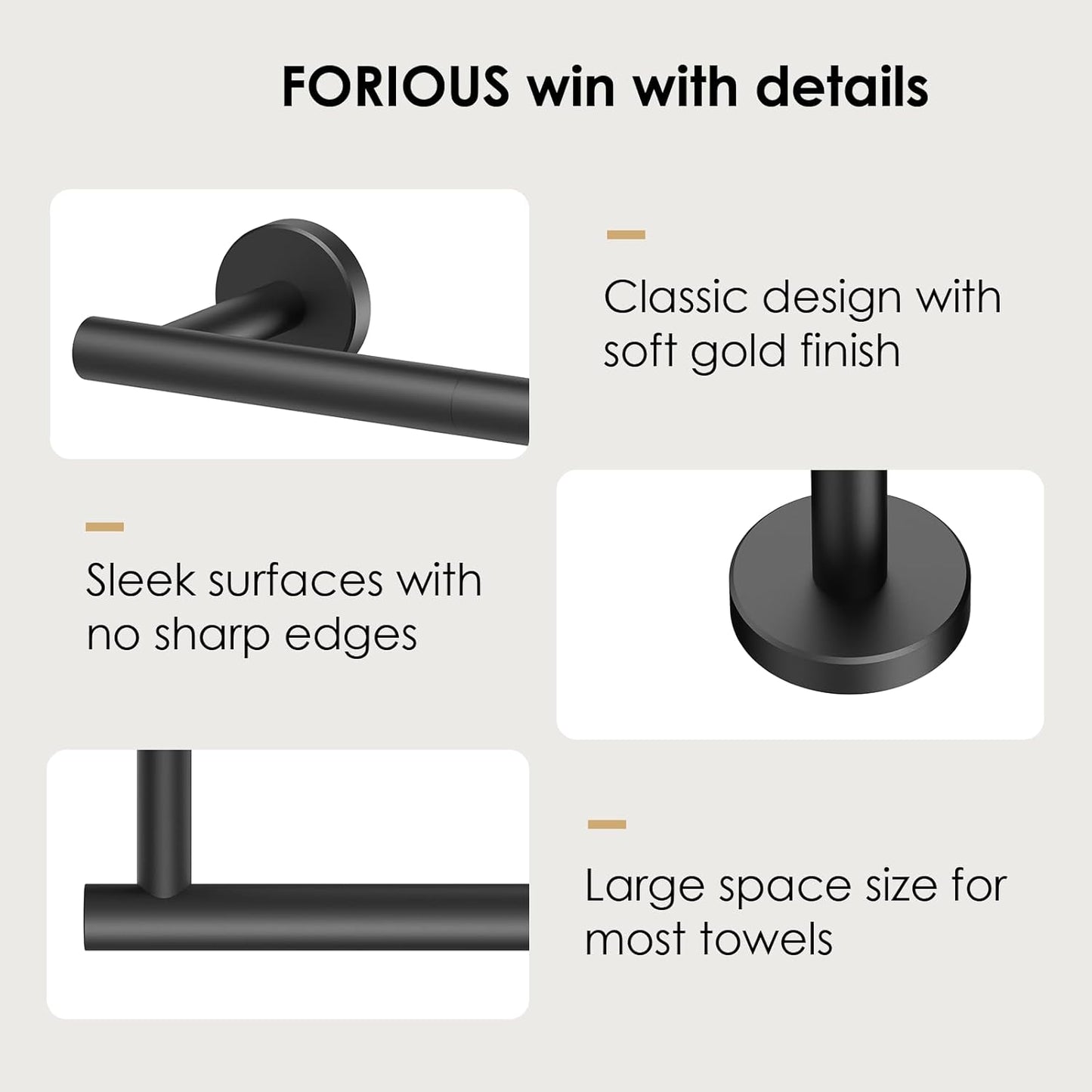 FORIOUS Towel Bar Wall Mounted, Stainless Steel Towel Racks for Bathroom, Includes Wall Mounting Hardware (Matte Black, 32 Inch)