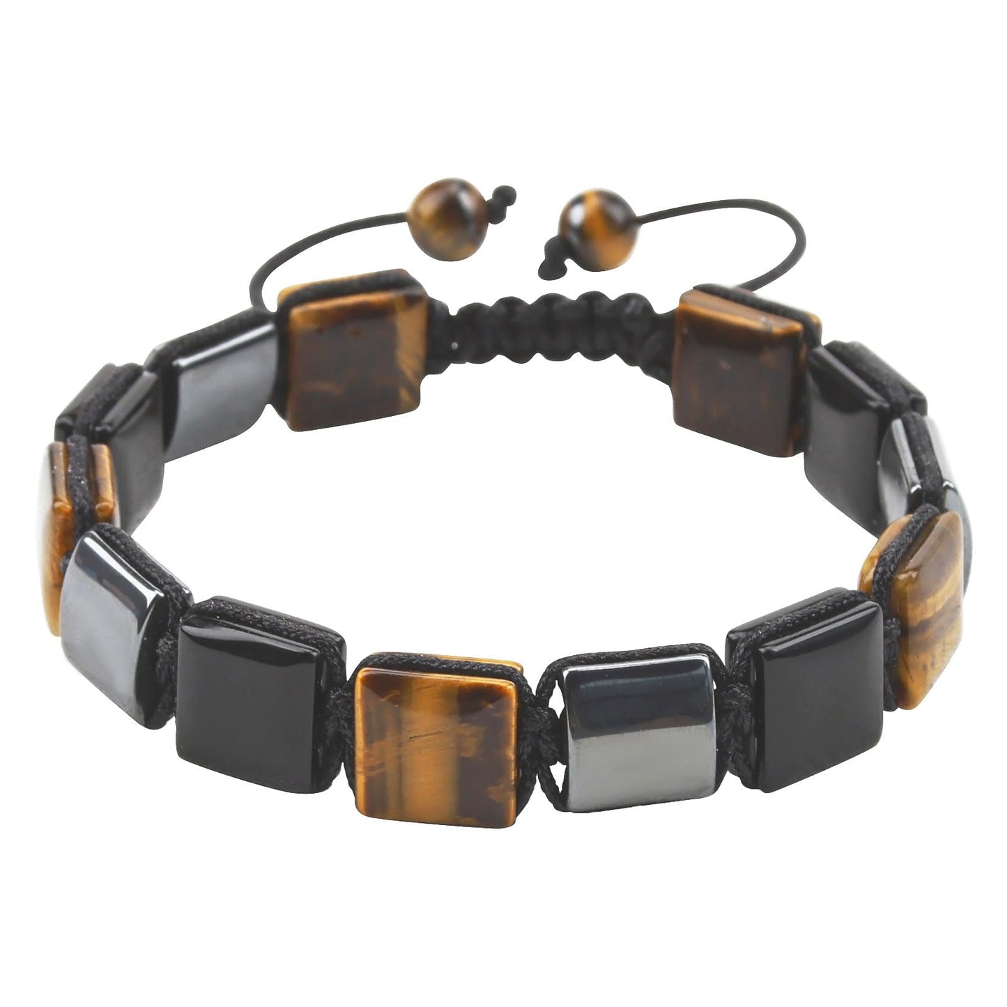 BOPOW Triple Protection Unisex Adjustable Bracelet - Handmade with Authentic Tiger Eye, Obsidian & Hematite - Square Healing Crystal Bead Bracelet