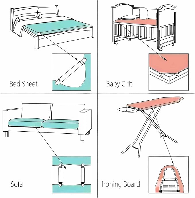 4 adjustable bed sheet straps and one duvet cover fastener set. Easy to install without flipping the mattress. The Quilt Fasteners are made of eco-friendly materials, safety, comfort and no pin holes