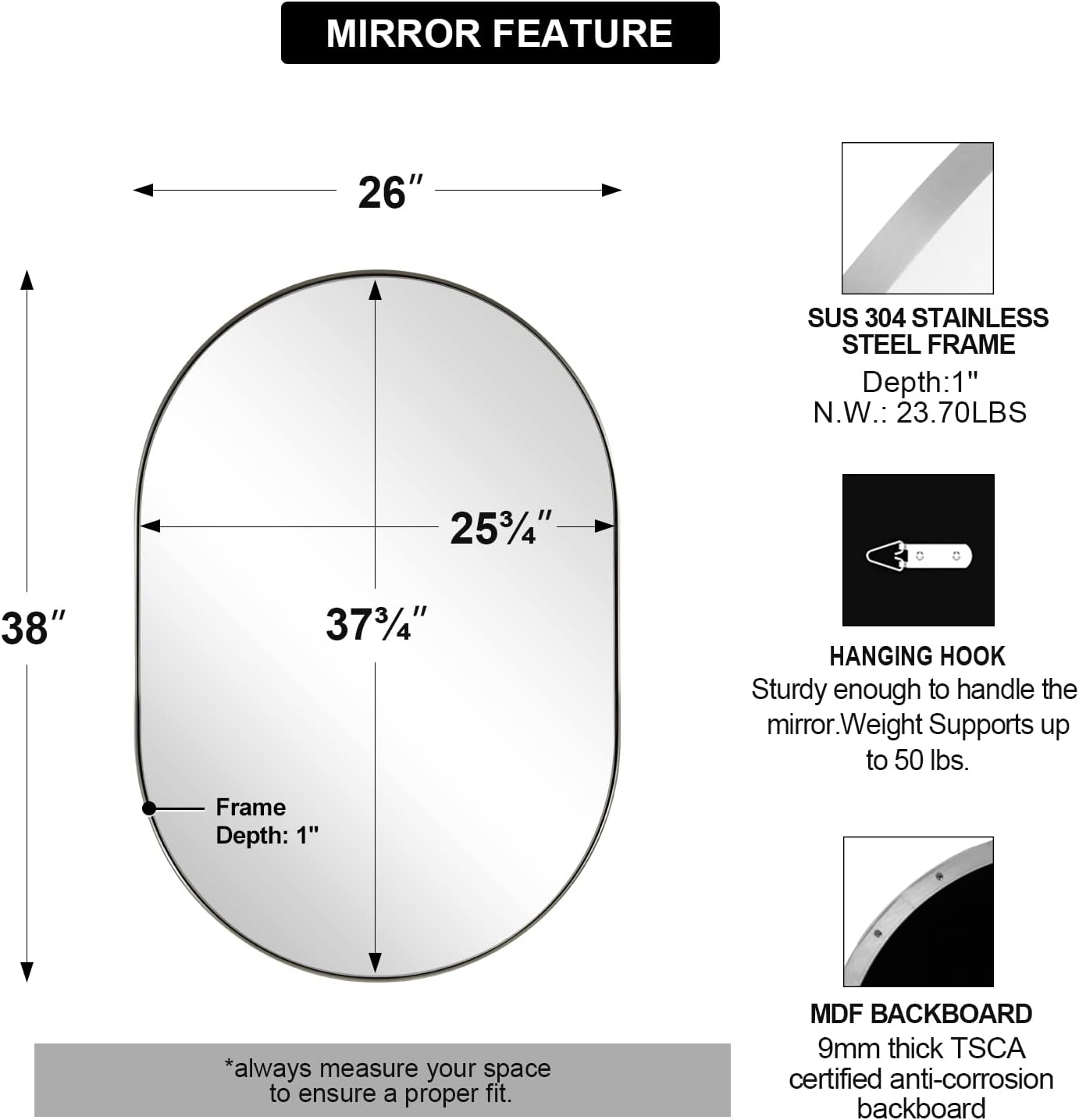 ANDY STAR 26x38’’ Brushed Nickel Oval Bathroom Mirror, Pill-Shaped Nickel Mirror Metal Framed, Stainless Steel Anti-Rust, Wall-Mounted Vertical/Horizontal