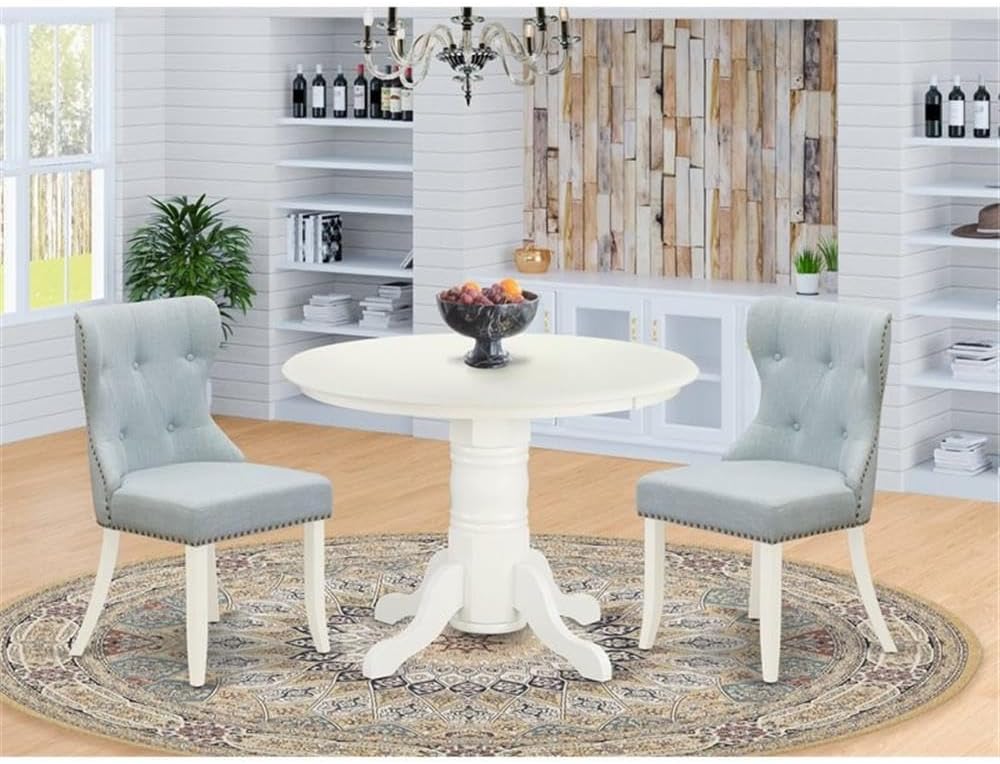 East West Furniture SHSI3-WHI-15 3 Piece Dining Room Table Set Contains a Round Wooden Table with Pedestal and 2 Baby Blue Linen Fabric Upholstered Chairs, 42x42 Inch, Linen White
