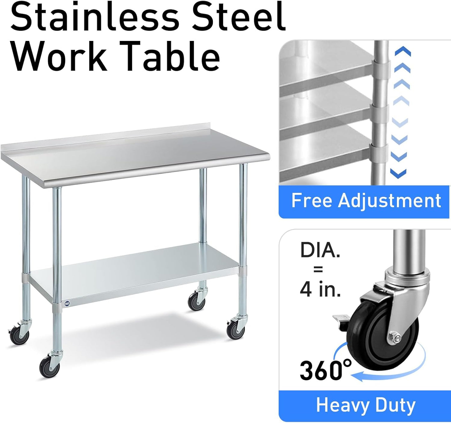 Stainless Steel Table for Prep & Work with Caster & Backsplash 24x48 Inches, NSF Metal Commercial Kitchen Heavy Duty Table with Adjustable Under Shelf and Table Foot for Restaurant, Home and Hotel