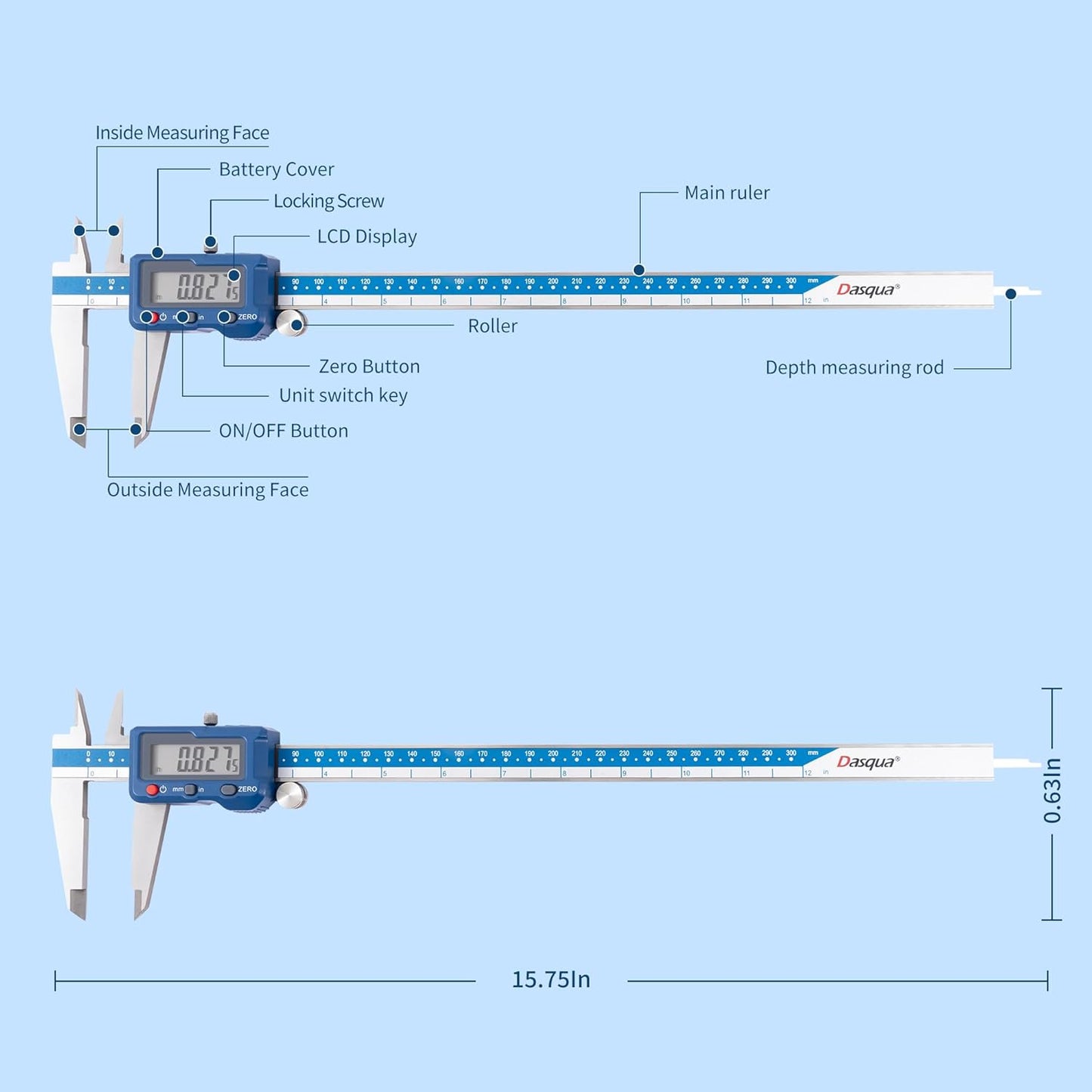 Dasqua High Precision 12 Inch/300mm Electronic Micrometer Digital Caliper Stainless Steel with Large LCD Screen Auto Off Featured Measuring Tool