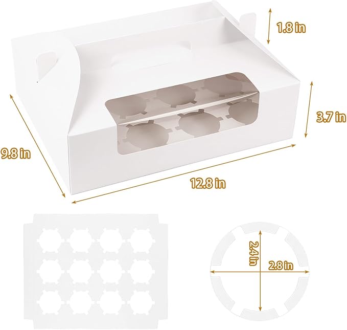 FORBFAN White Cupcake Boxes 12 Count, 30 Pcs Cupcake Containers with Handle, Window, and Inserts – Holds 360 Standard Cupcakes, Food-Grade Gable Boxes for Muffins, Cakes, and Party Desserts