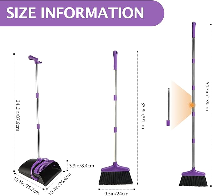 Broom and Dustpan Set, Long Handle Lightweight Dustpans with Broom Combo for Home Sweeping for Room Kitchen Office Purple