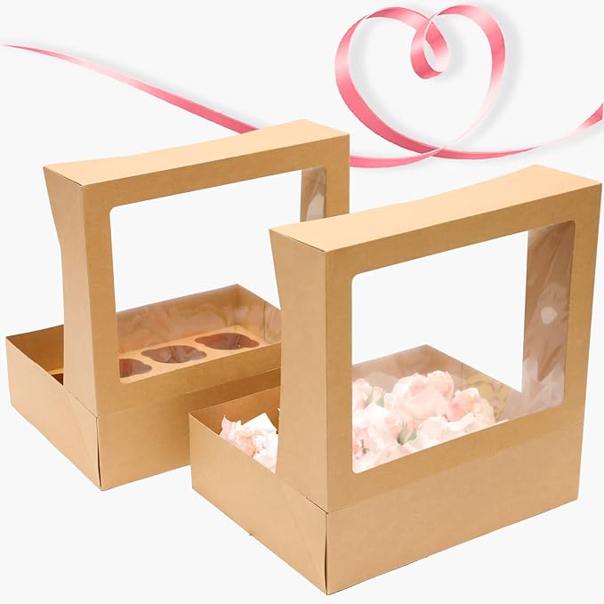 Bakepacker 12 Cupcake Containers 20-Packs Brown 12 Count Cupcake Boxes with Window Cupcakes Carrier, 13"x10"x3.5"（Auto-pop up）