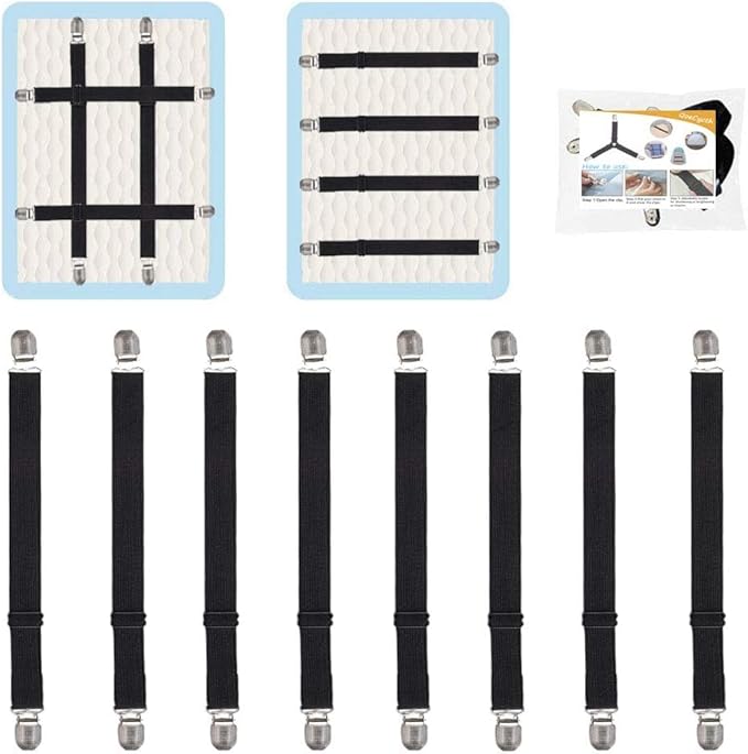8Pcs Adjustable Bed Sheet Straps Clips, Elastic Mattress Sheet Fasteners Holder and Suspenders, Grippers to Hold Sheet, Mattress, Sofa, Couch, Table Cloth, Ironing Board Cover