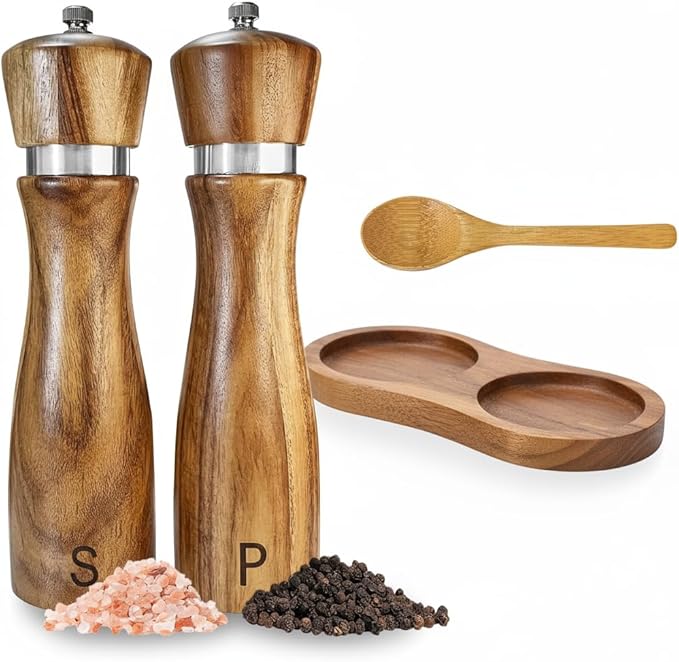 Wooden Salt and Pepper Grinder Set,salt grinder refillable,Adjustable Coarseness,Crafted of Solid Acacia Wood with Ceramic/Stainless Steel Core|Along withl Spoon,Tray,8in,2pack,easy to clean