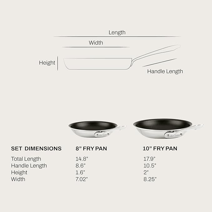 All-Clad Stainless Steel Pro Nonstick Frying Pan Set – 8 & 10 Inch Skillets, Induction Compatible, Oven & Broiler Safe to 500°F, Professional Cookware, Silver