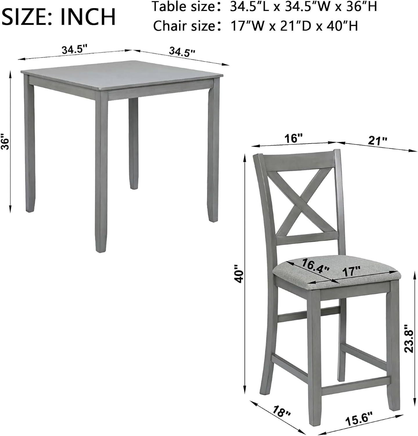 Dining Table Set for 4, Modern 5 Piece Dining Room Table Set with Square Table & 4 X-Shaped Backrest Upholstered Chairs, Counter Height Kitchen Chairs Set for Small Space, Gray