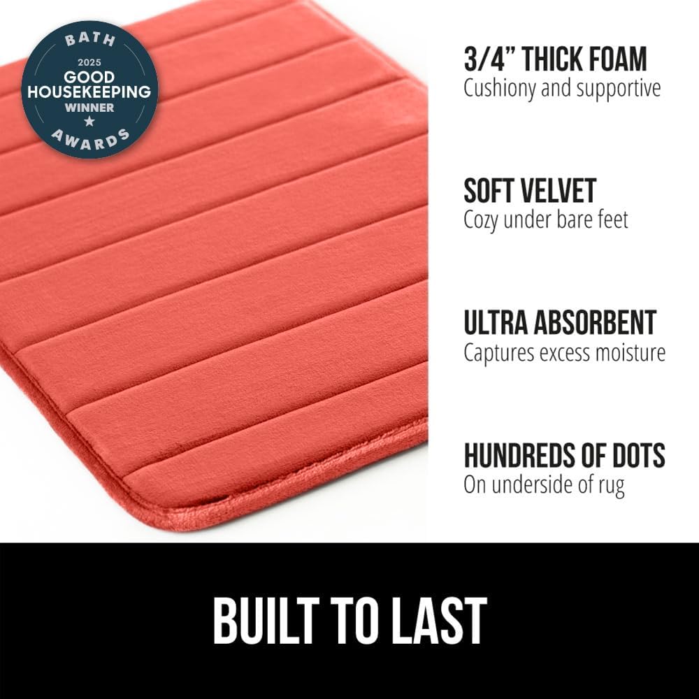GORILLA GRIP Memory Foam Bath Mat, Soft Absorbent US Designed Bathroom Rug, Gripping Dots Machine Washable Bathmat, Cushioned Floor Mats, Shower Sink Rugs Room Décor Accessories, 24x17 Coral