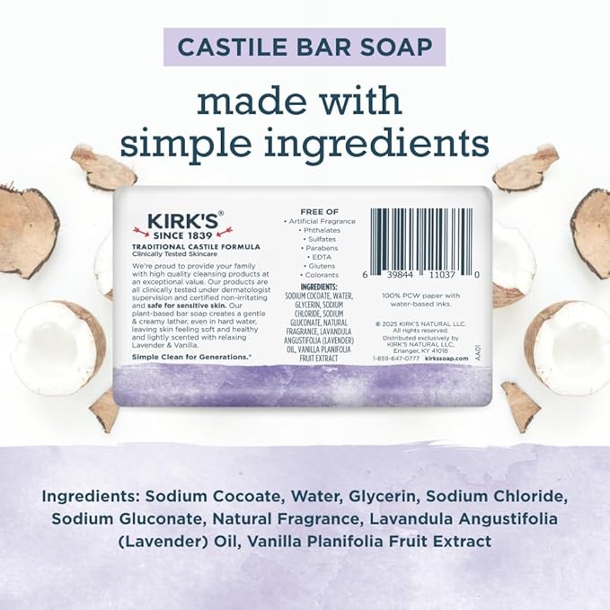 Kirk's Castile Bar Soap for Men, Women & Children - Made with Premium Coconut Oil, Sensitive Skin Formula, Vegan, Non GMO, Lavender & Vanilla, 4 oz. Bars 6 Pack