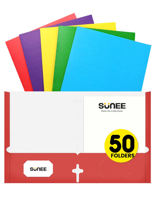 SUNEE Folders with Pockets 3 Hole Punched(50 Pack, Assorted Colors), 2 Pocket Folders Fit Letter Size Paper, Paper File Folder for School Office Home Bussiness