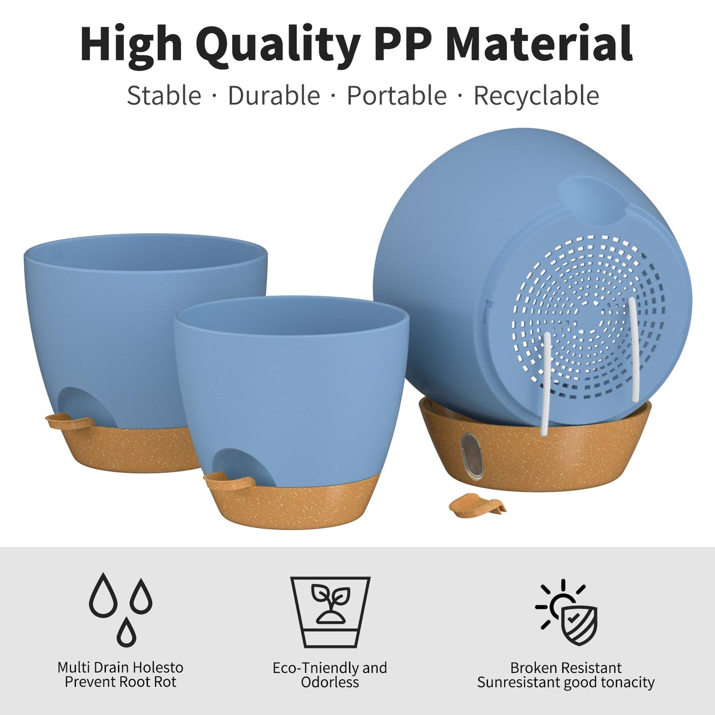 FIASON 12/10/9/8/6 Inch Self Watering Pots for Indoor Outdoor Plants, Set of 5 Large Plastic Planters with Visual Water Window, Drainage Holes & Watering Lip, Modern Decorative Flower Pots (Blue)