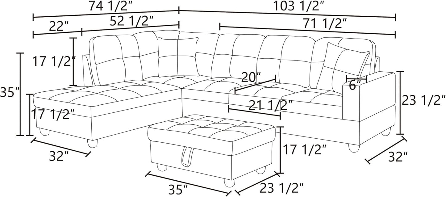 L Shaped Sectional Sofa with Ottoman, Color Blocking Flannel Leather Right Facing Modern Couches for Living Room, Bedroom, Office, Taupe
