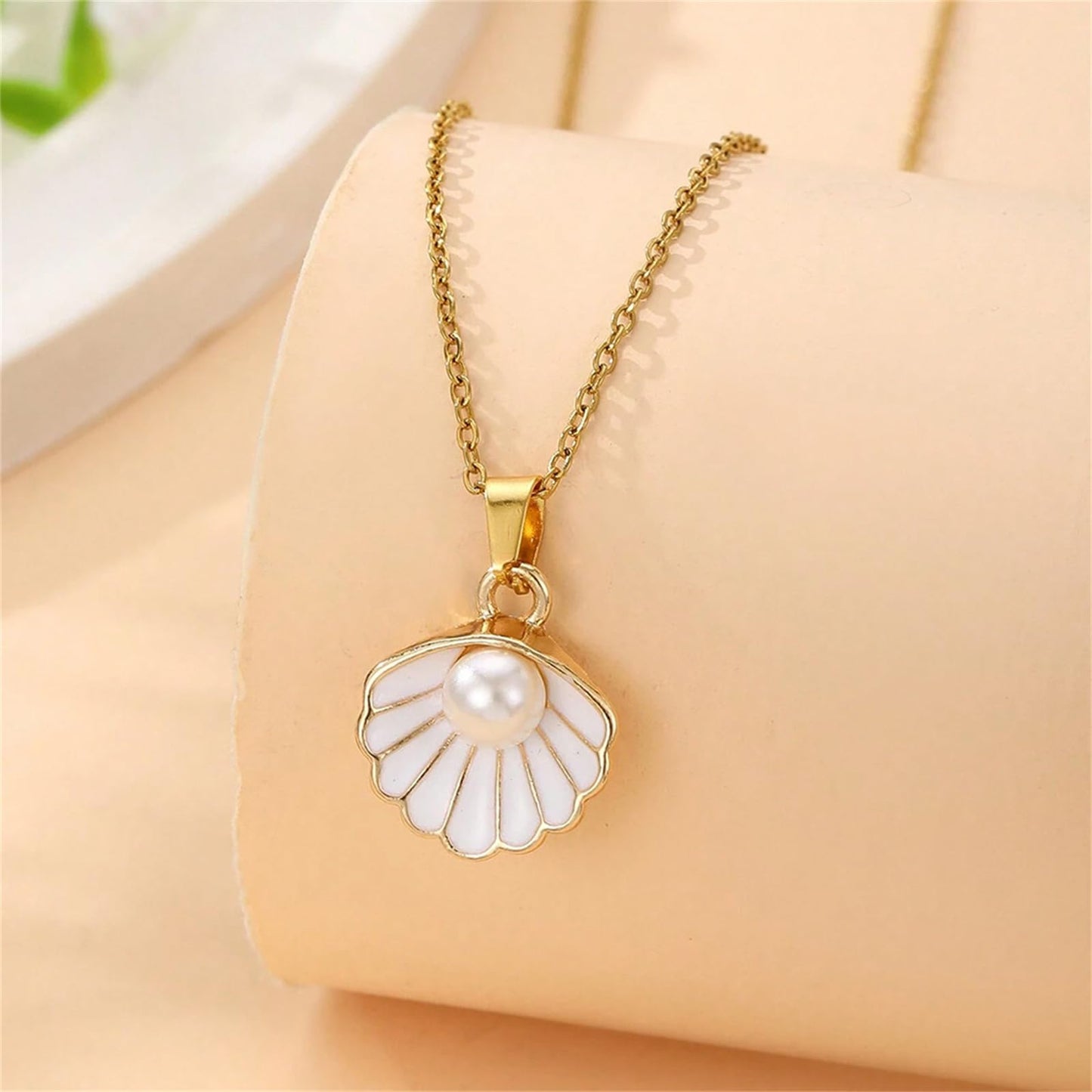 Seashell Pearl Pendant Necklace Gold Plated Boho Enamel Pink Blue Scallop Sea Shell Starfish Ocean Animal Chain Necklace for Women Hawaiian Summer Beach Holiday Fashion Jewelry Gifts (White jewelry set)