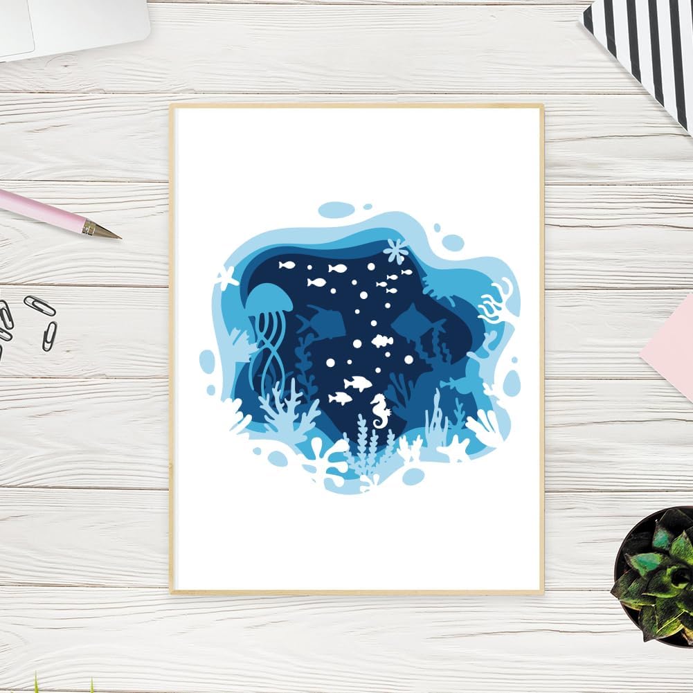 MAYJOYDIY 5pcs Layered Sea Ocean Creatures Stencils 11.8×11.8inch Large Sea Animal Stencils with Paint Brush Summer Coral Seaweed Fish Jellyfish Starfish Seahorse Templates for Wood Canvas Fabric