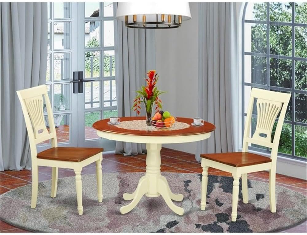 East West Furniture HLPL3-BMK-W 3 Piece Dining Room Table Set Contains a Round Kitchen Table with Pedestal and 2 Dining Chairs, 42x42 Inch, Buttermilk & Cherry