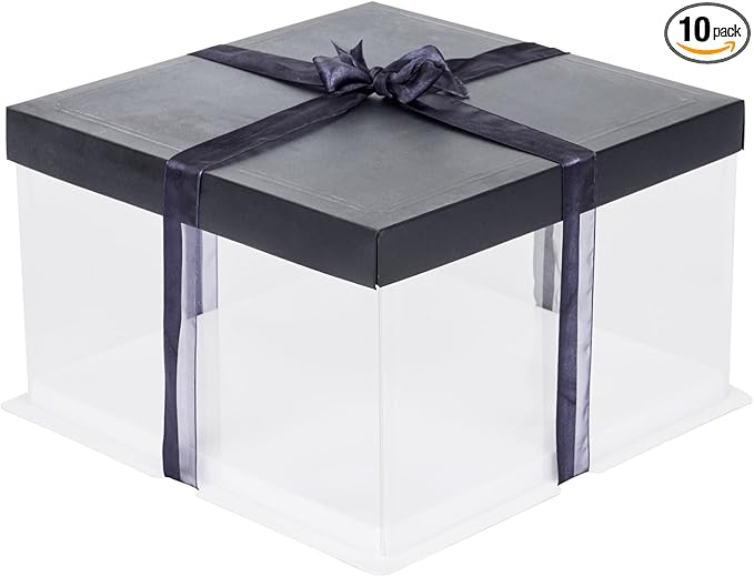 Restaurantware Sweet Vision 10 Inch x 8.25 Inch Transparent Cake Boxes 10 Grease Resistant Base Clear Cake Boxes - Black Lid Black Ribbon Plastic Birthday Cake Boxes For Weddings Or Birthdays