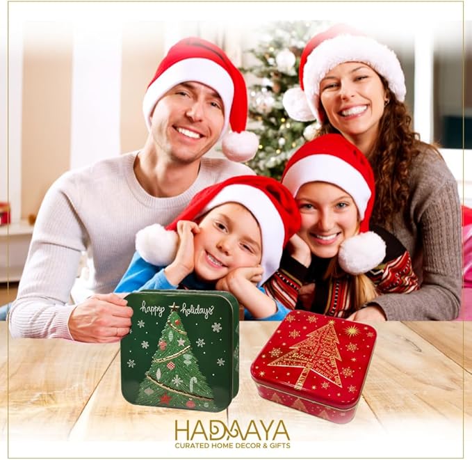 Metal Square Festive Christmas Cookie Tin with Embossed Lid for Gift Giving & Holiday Treats Multipurpose Container for Candy Snacks Holiday Christmas Party Decor Favor Gift Box GREEN GOLD XMAS TREE