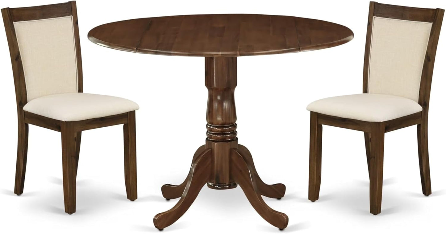 East West Furniture DLMZ3-AWA-32 3 Piece Kitchen Table Set for Small Spaces Consist of a Round Wooden Table with Dropleaf and 2 Upholstered Parson Chairs, 42x42 Inch, Antique Walnut