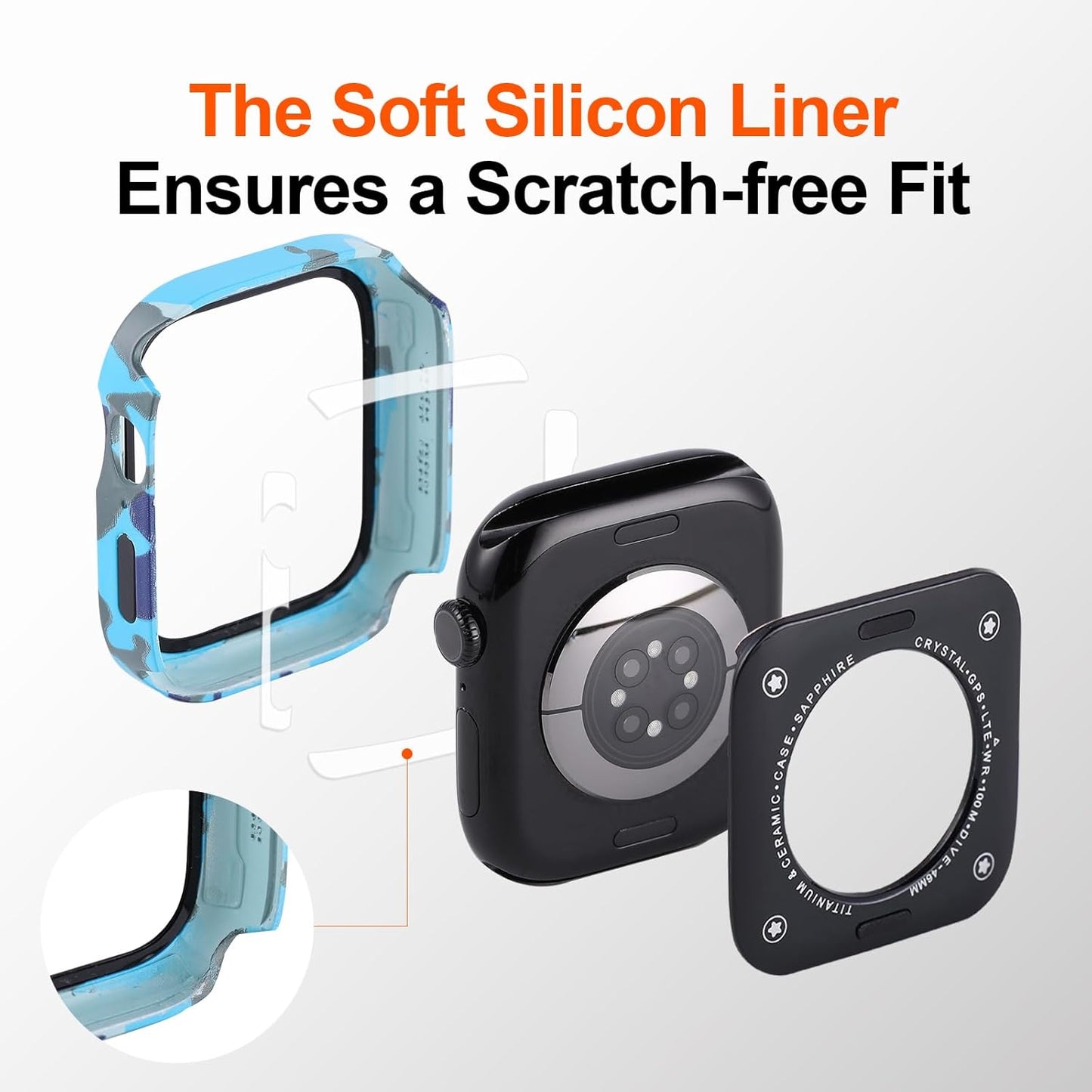 3 in 1 Metal Case Compatible with Apple Watch Series 9 8 7 45mm with Tempered Glass Screen Protector and Ceramic Like Back Cover, Straight Edge Ultra Thin Protective Cover for iWatch 45mm