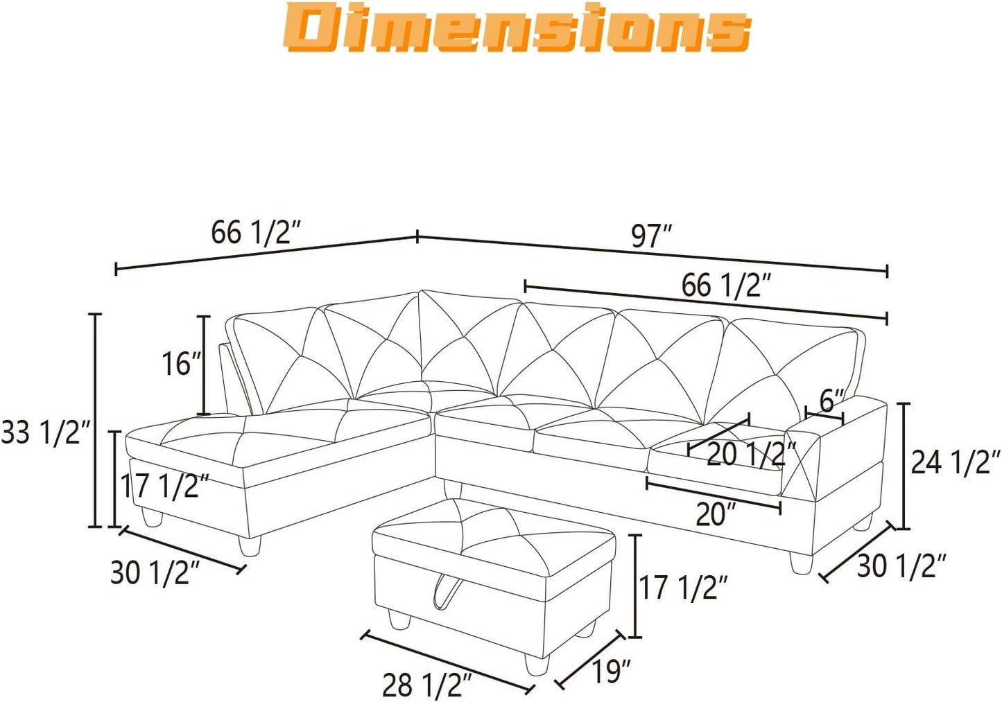 L Shaped Sectional Couch with Otttoman, 97" Leather Sectional Sofa for Living Room Modular Couches with Cup Holders for Bedroom, Apartments, Black