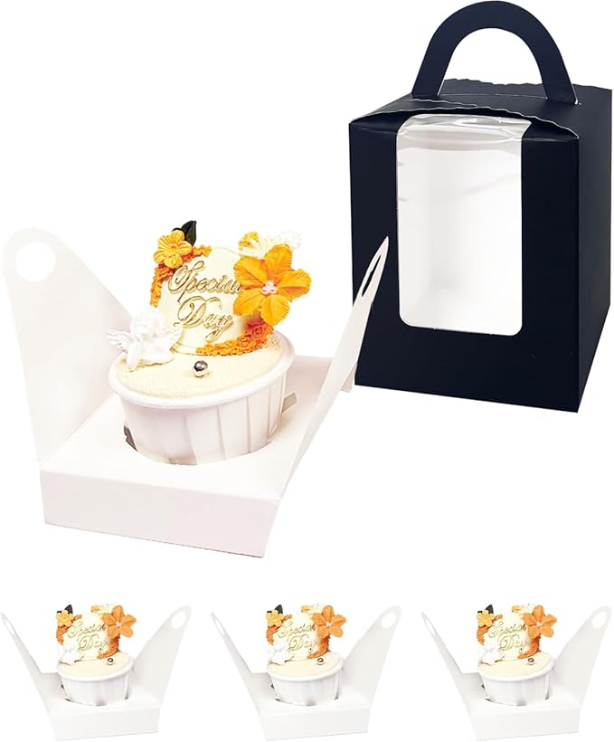 Bakepacker Auto-pop up Individual Cupcake Boxes with Window 25 Count Black Single Cupcakes Box 3.7 x 3.7 x 4.3inch Cupcake Carrier
