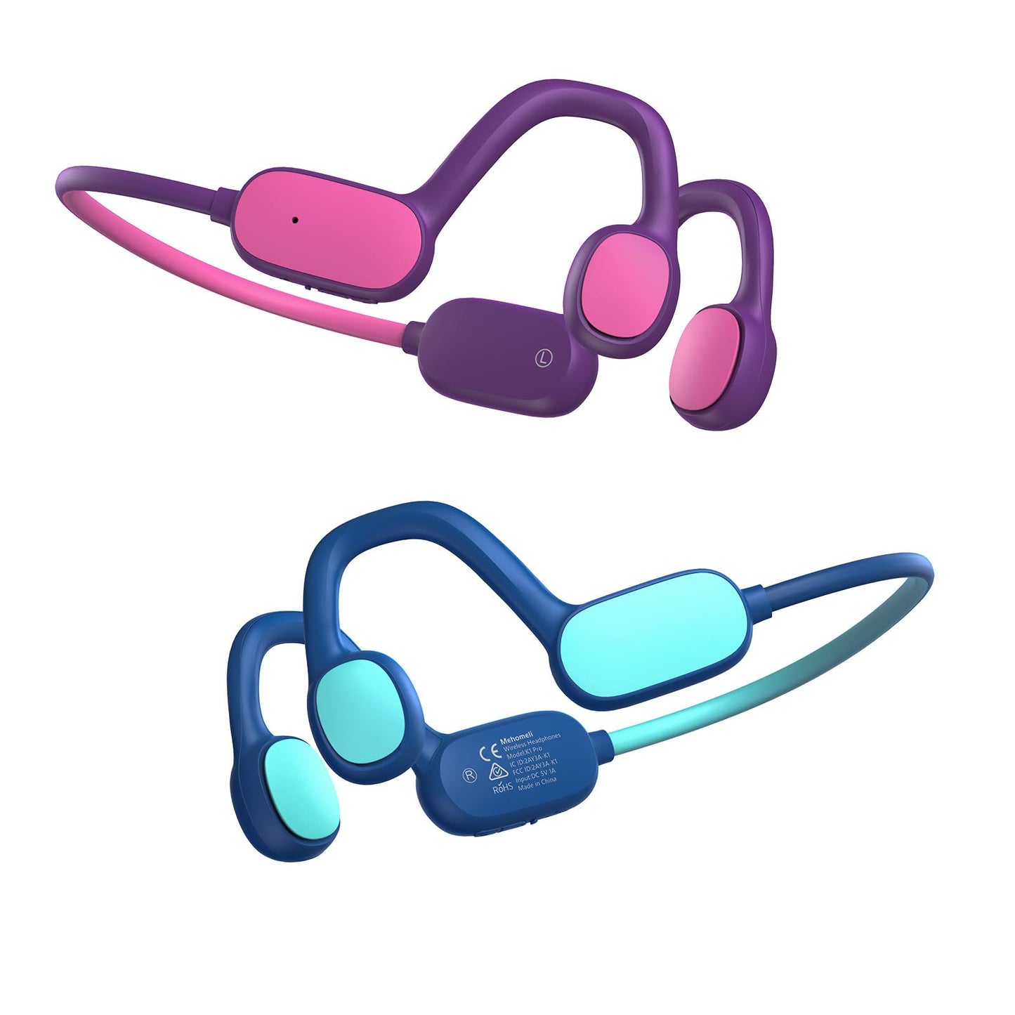 Mehomeli 2 Pack Kids Headphones  Bluetooth 5.2 Air Conduction Open Ear Headphones  85dB Volume Limiting  Stereo Sound with Mic  IPX5 Waterproof  20H Playtime-Blue Purple-New