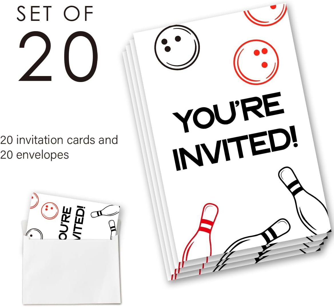 Bowling Birthday Invitation Supplies with Envelopes Set of 20 Bruh Birthday Invitation Fill in Blank, Double Sided