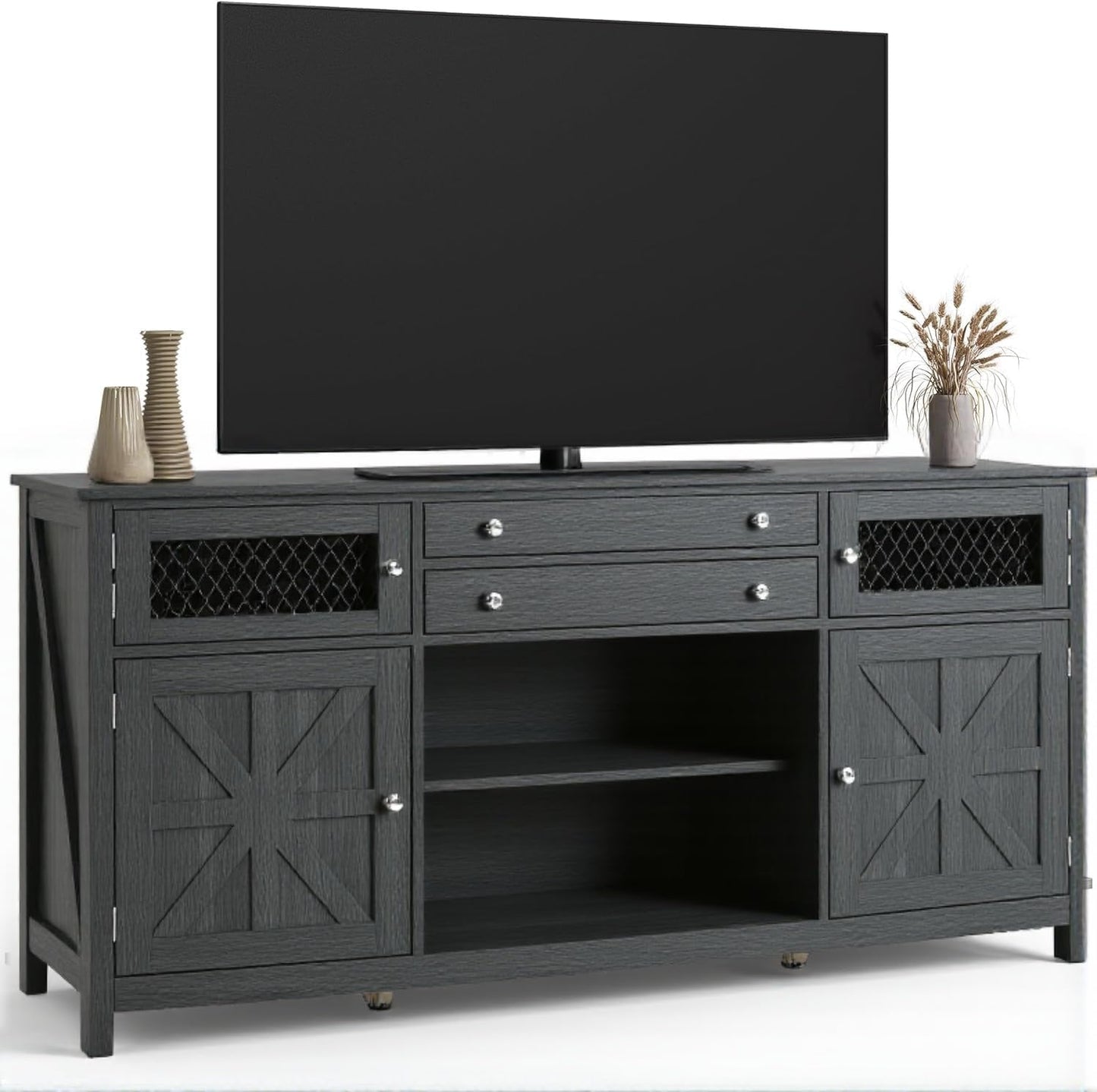 YITAHOME Farmhouse TV Stand for TVs up to 65", 59" Entertainment Center with 2 Large Drawers & Visual Grid Door, Rustic TV Media Console for Living Room, Dark Grey