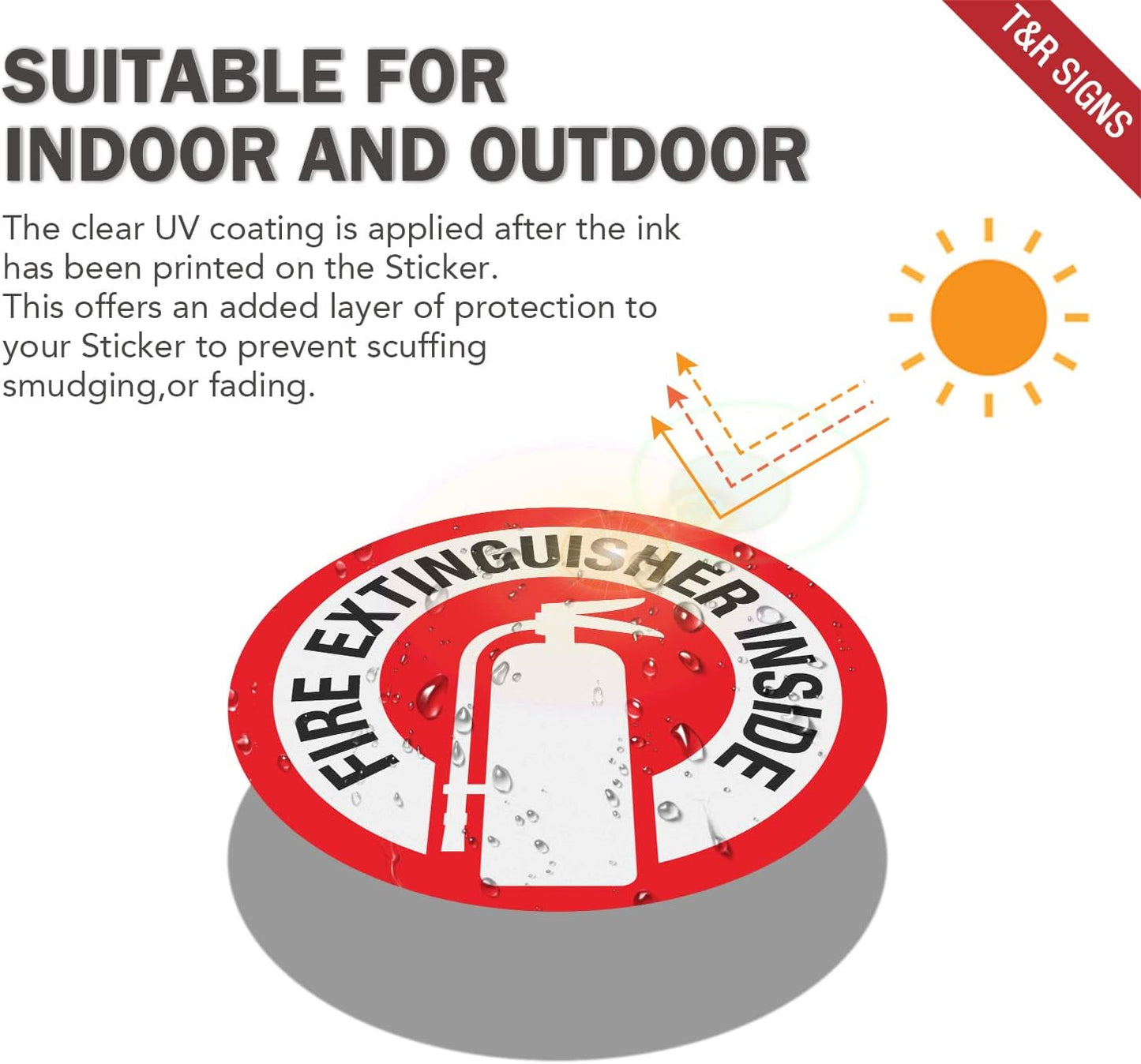 T&R Fire Extinguisher Inside Sign Stickers - 10 Pack - 3" x 3" Self-Adhesive Vinyl Reflective, UV resistant, Waterproof, Fade and Scratch Resistant, Suitable for Vehicles Indoor and Outdoor (RED circle)