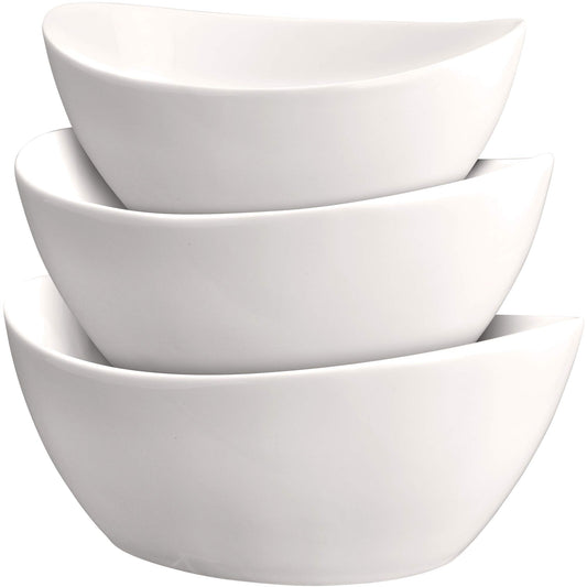 3 Piece Serving Bowl Set – Elegant White Porcelain Salad Bowls for Fruit, Salad, Pasta and Soup - Food Server Display Dishes for Party or Display - 24 oz. 34 oz. and 44 oz. - by DécorDine