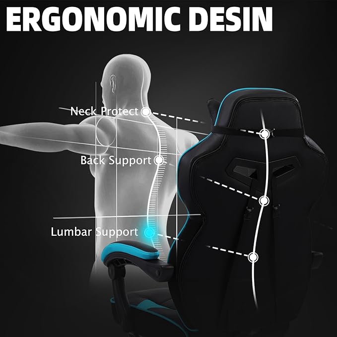 Vonesse Gaming Chair, High Back Gaming Chair with Footrest and Massage, Gaming Chairs for Adults with Pocket Spring Cushion, Big and Tall Reclining Computer Chair with Lumbar Support (Cyan/Black)
