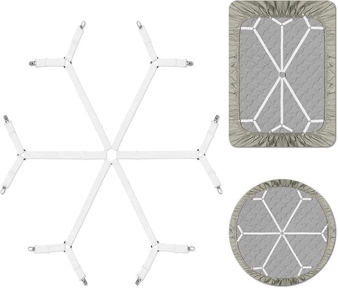 Sheet Fasteners, Adjustable Elastic Bed Sheet Holder Straps for Full,Queen,King Twin Bed,6 Way Cross Sheet Clips Suspenders Band,Fitted Round and Square Mattresses
