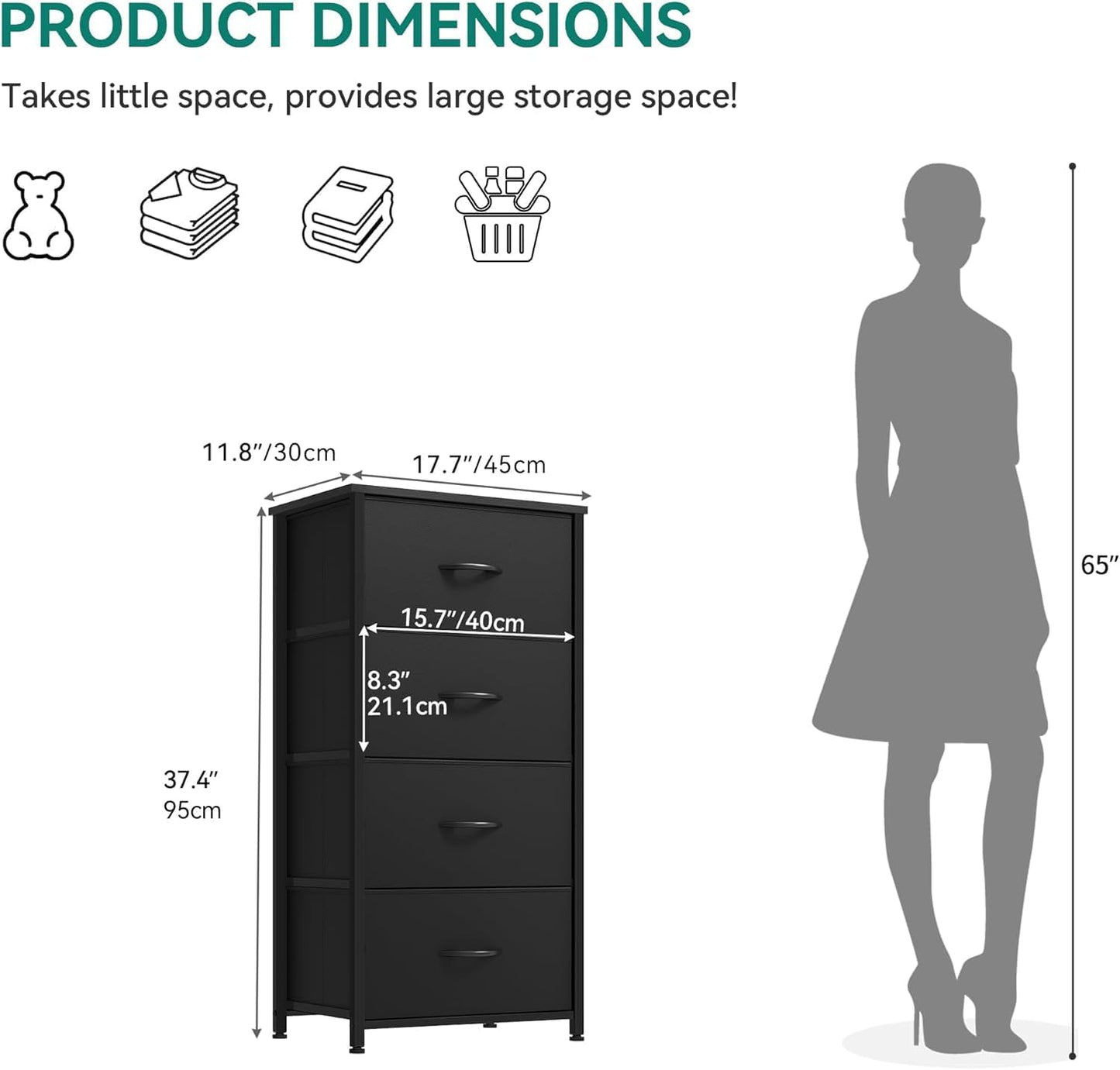 DWVO Storage Tower with 4 Drawers - Fabric Dresser, Organizer Unit, Living Room, Closets - Sturdy Steel Frame, Easy Pull Fabric Bins & Wooden Top