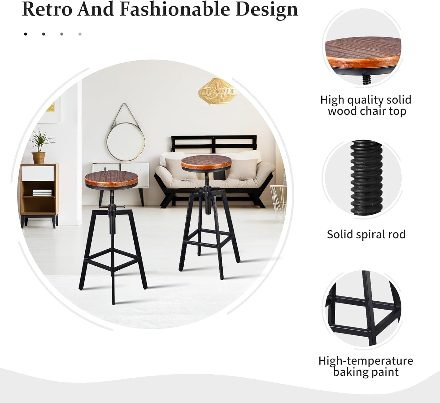 Set of 2 Industrial Vintage Kitchen Bar Stools Counter Height 25.6-31.5-inch Adjustable Stool for Pub,Kitchen,Home