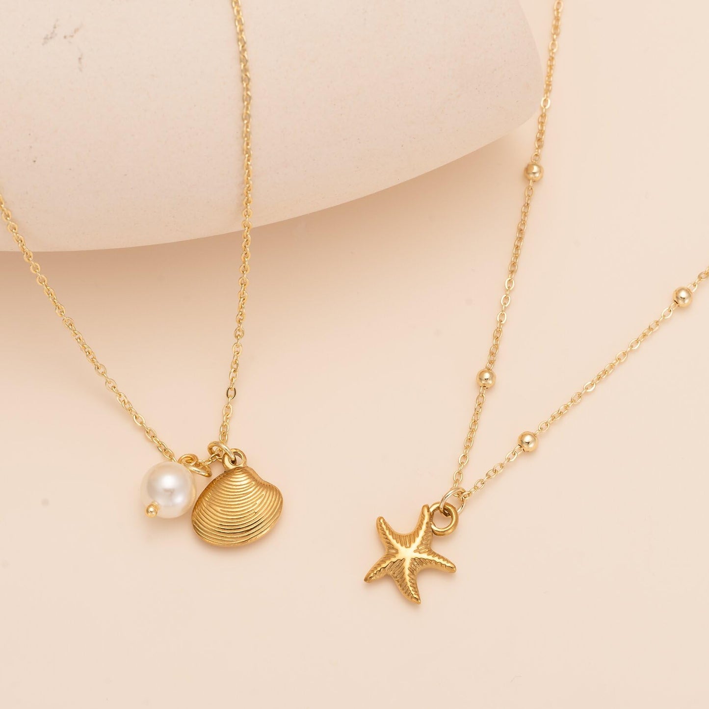Shell Necklaces for Women 14k Gold Plated Layered Starfish Conch SeaShell Pearl Pendant Charm Necklace Adjustable Stainless Steel Chain Summer Beach Jewelry (Gold Starfish)