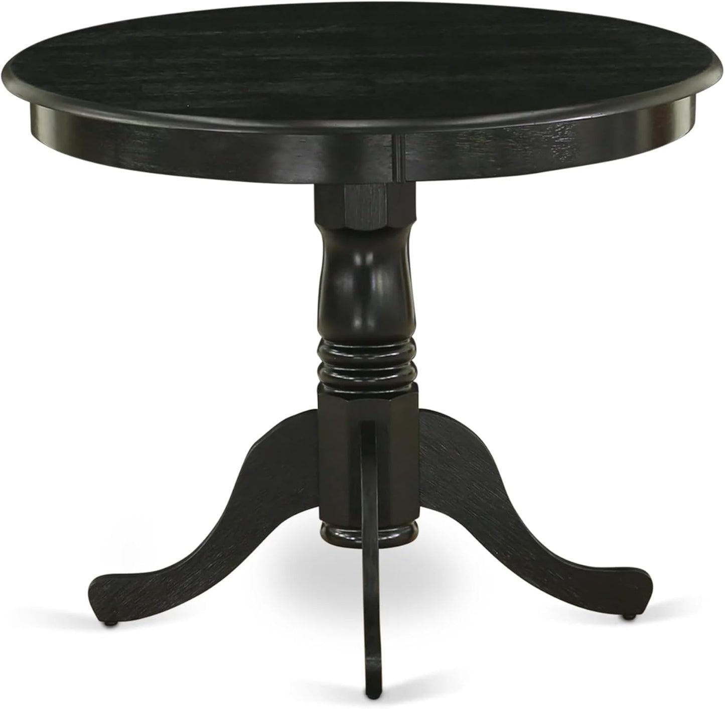 East West Furniture ANGA3-ABK-24 3 Piece Dinette Set for Small Spaces Contains a Round Kitchen Table with Pedestal and 2 Black Linen Fabric Parson Dining Chairs, 36x36 Inch, Wirebrushed Black