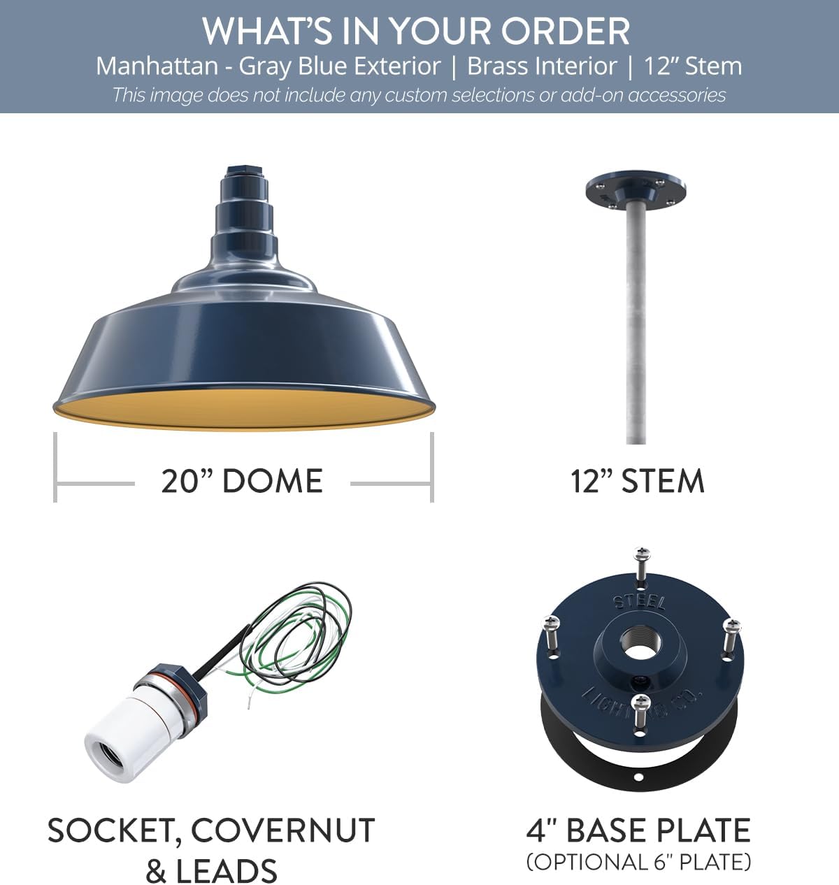 Steel Lighting Co. Manhattan Warehouse Light | Ceiling Mounted Pendant | 20 inch Dome | 12" Galvanized Stem | Large Steel Barn Light Made in America | Gray Blue Exterior/Brass Interior