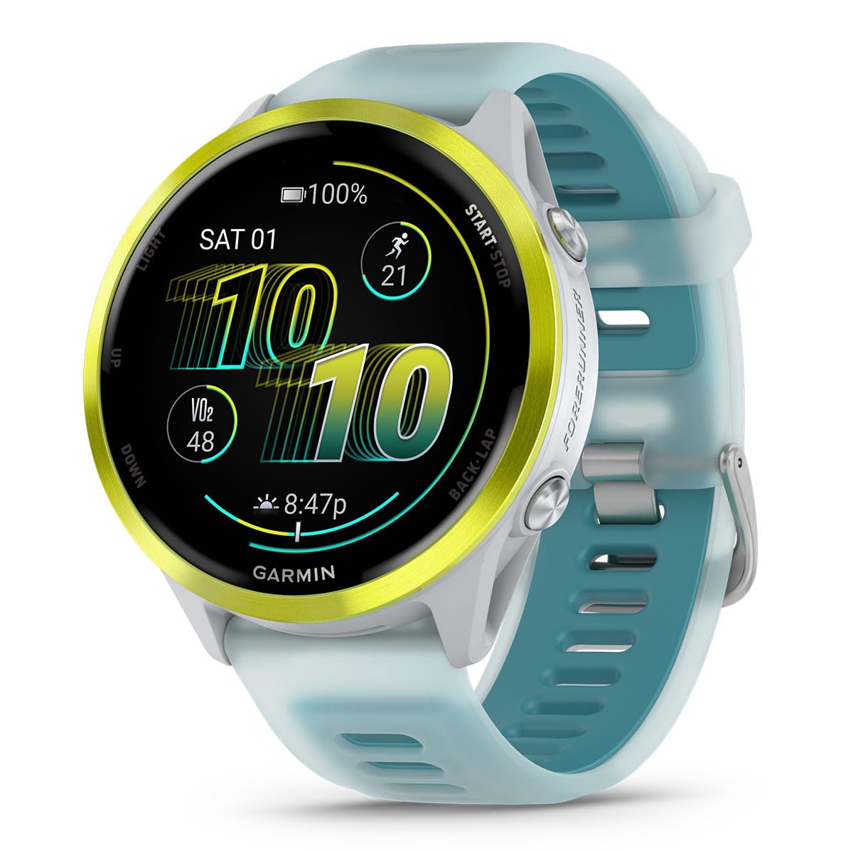 Garmin Forerunner 570 Advanced Gps Running And Triathlon Smartwatch Bundle (47 Mm, Amp Yellow/Translucent Whitestone/Turquoise)
