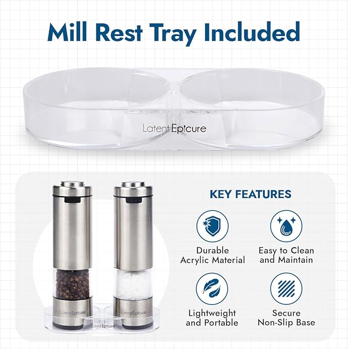 Electric Salt & Pepper Grinder Set – USB-C Rechargeable Stainless-Steel Mills & Shakers with LED Light, Adjustable Ceramic Grinders & Acrylic Rest Tray