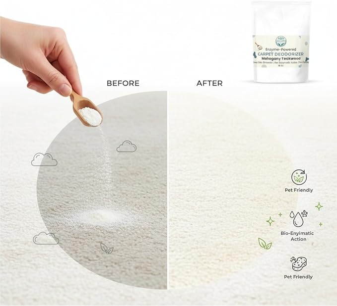 Enzyme-Powered Carpet Deodorizer (Powder) - Mahogany Teakwood | Natural Pet Odor Eliminator | Bio-Enzymatic Formula, Premium Performance, Eco Friendly | 16 oz