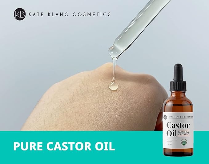 Kate Blanc Cosmetics Castor Oil Organic for Hair, Lashes, Face (2oz), 100% Pure, Cold Pressed, Hexane Free Hair Oil. Eyelash Serum for Thicker-Looking Eyelashes & Eyebrows