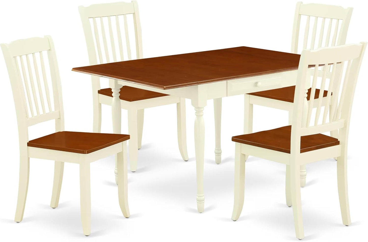 East West Furniture MZDA5-WHI-W 5 Piece Dining Set Includes a Rectangle Dining Room Table with Dropleaf and 4 Wood Seat Chairs, 36x54 Inch, Buttermilk & Cherry