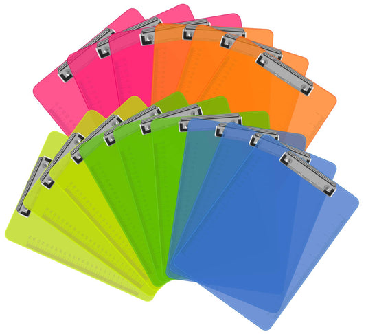 Clipboards, HERKKA 15 Pack Upgrade Plastic Clipboards Low Profile Clip Standard A4 Letter Size, Assorted Transparent Color, for Classroom and Office Use