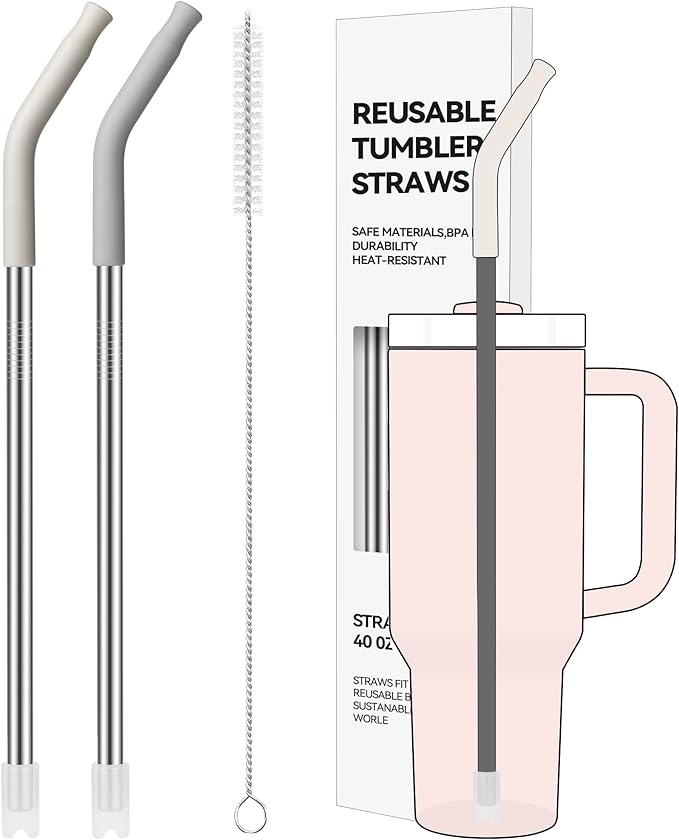 40oz Metal Straws for Stanley 40oz Cup & 64oz Jugs, 2 PCS Extra-Long Stainless Steel Straws with Removable Silicone Tips, Fits Large Tumblers & Oversized Mugs