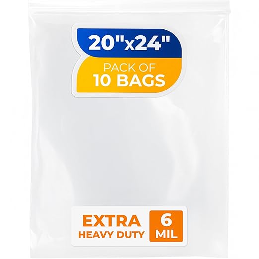20" x 24" Extra Large Zip Seal Lock Bags, 6 Mil (Pack of 10) – Heavy-Duty Reclosable Plastic Bags – Clear, Resealable, Waterproof – For Storing and Organizing Clothes, Jewelry, and Travel
