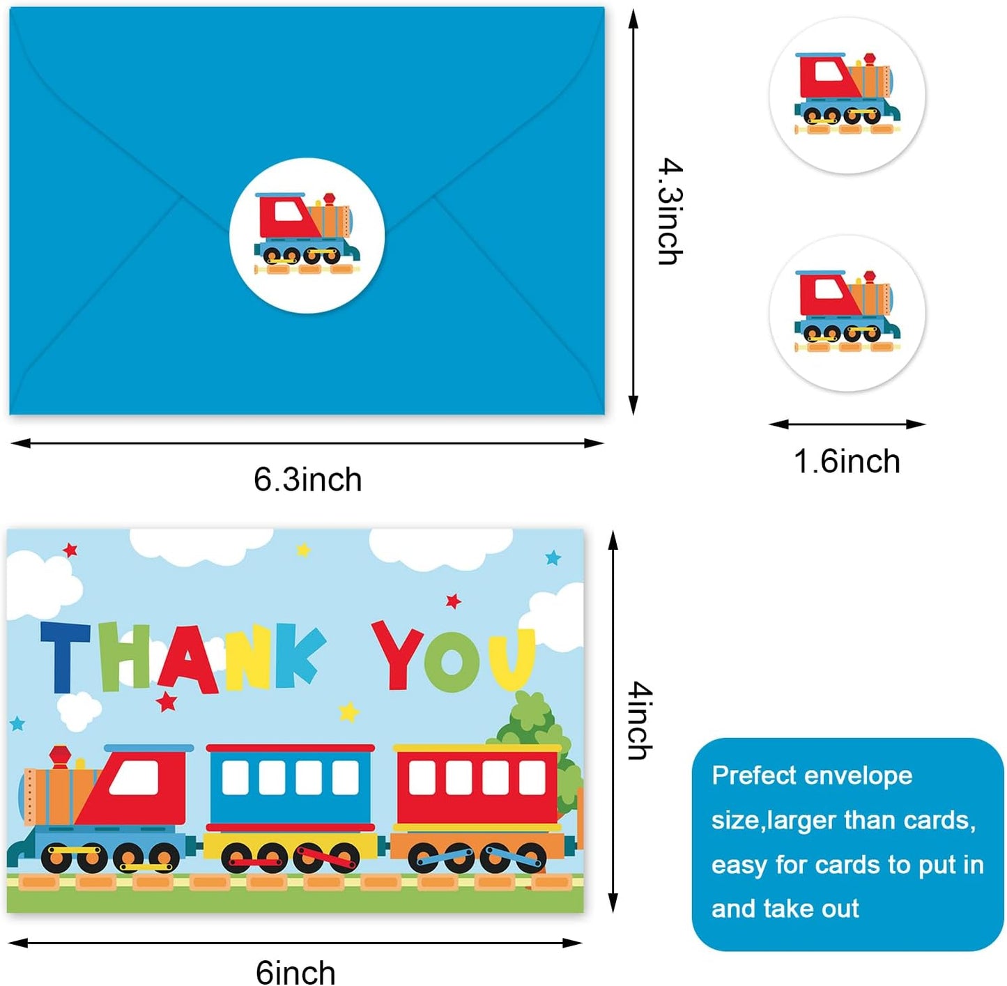 Whaline 24Pcs Cartoon Train Thank You Cards with Envelopes Stickers Blue Red Train Greeting Cards Blank Note Card for Birthday Baby Shower Party Supplies